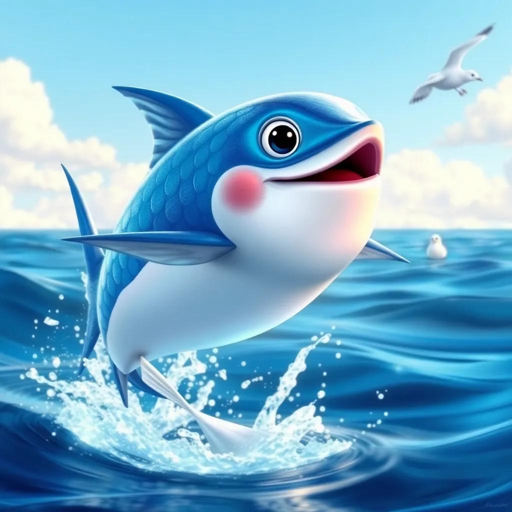 A flying fish named Rayo, shimmering with blue and silver scales, jumping out of the ocean, creating splashes, with Cielo the seagull watching in amazement in the background, illustration, vibrant, child-friendly, high quality