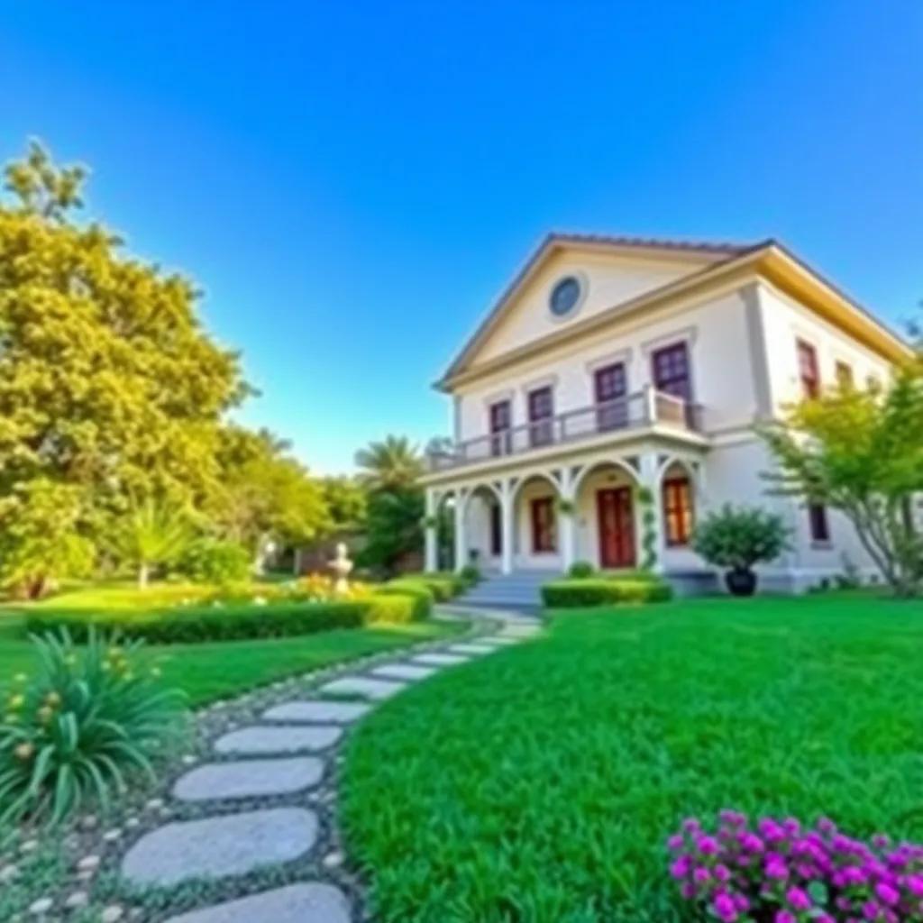 A lively morning scene at the Gran Hermano Argentina house with a bright blue sky, green garden, and big house, digital art, cheerful atmosphere, vibrant colors, welcoming perspective, high quality