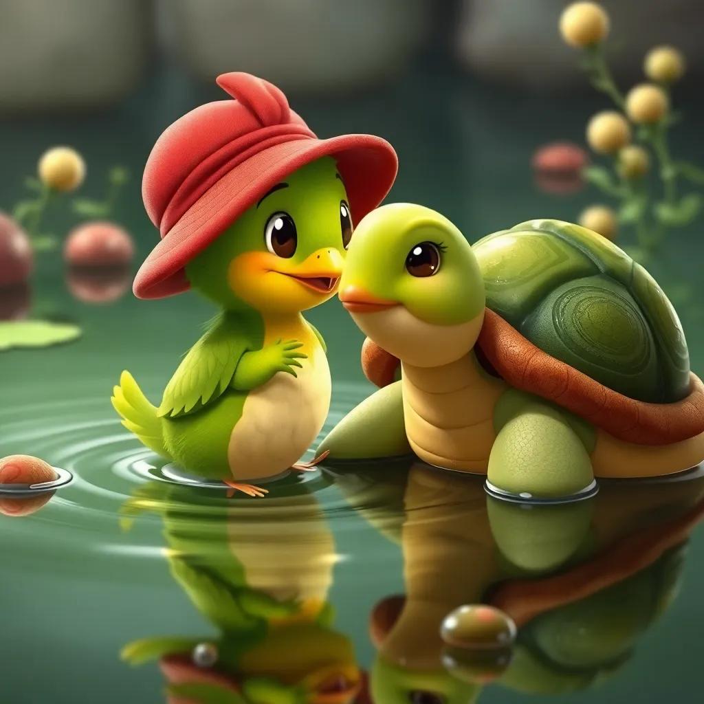 Pato, un pequeño pato amarillento, jugando con Torti, la tortuga, que tiene concha verde, en el agua del estanque, burbujas alrededor, estilo caricatura, divertido, ilustración vibrante
