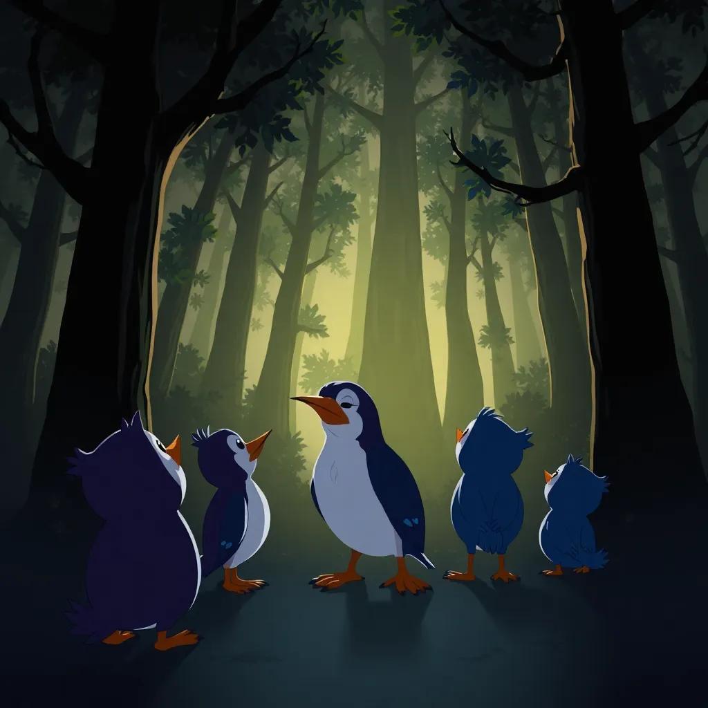 Pato y sus amigos observando un lugar oscuro y misterioso con árboles altos y sombras alrededor, asombro en sus caras, cartoon style, intrigante, arte digital, profunda perspectiva