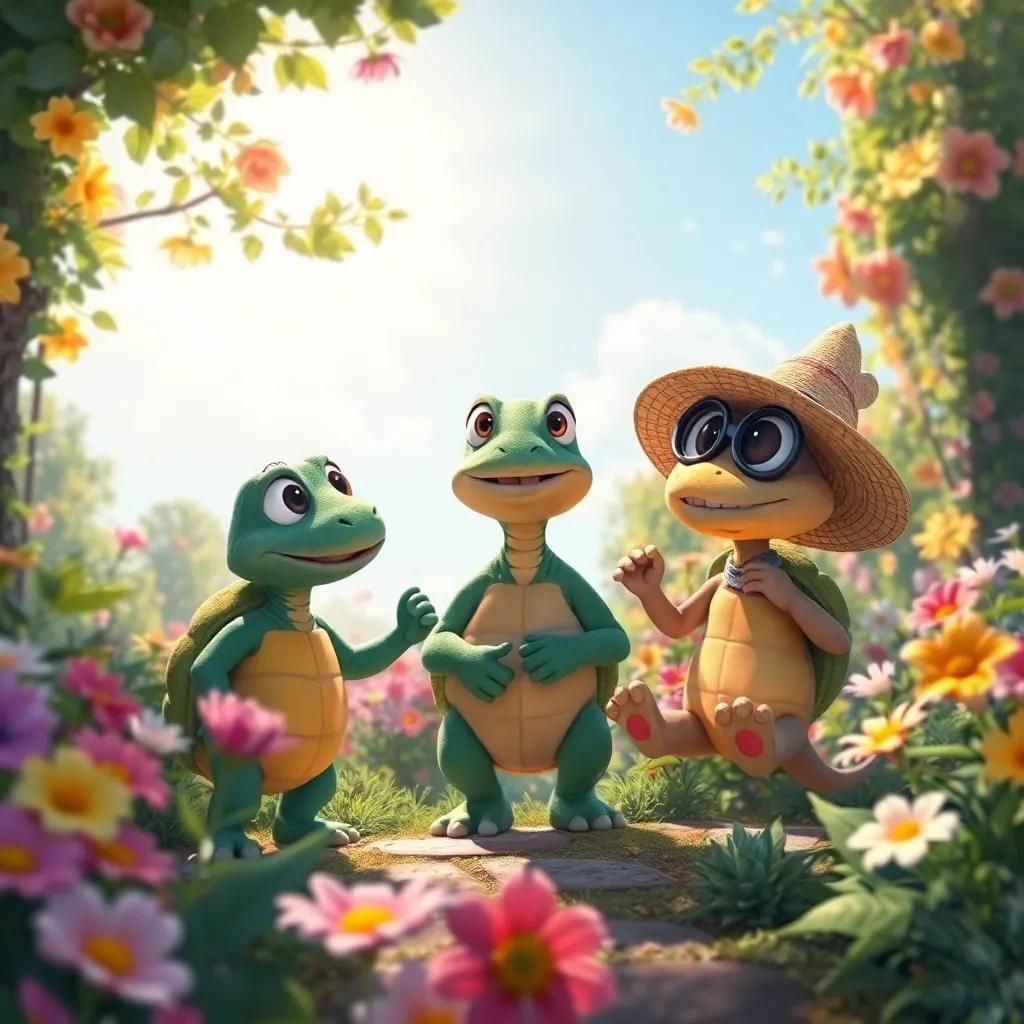 Pato, Torti y Pezón descubriendo un hermoso jardín con flores de todos los colores, riendo y jugando bajo el sol, digital painting, brillante, alegre, atmosférico