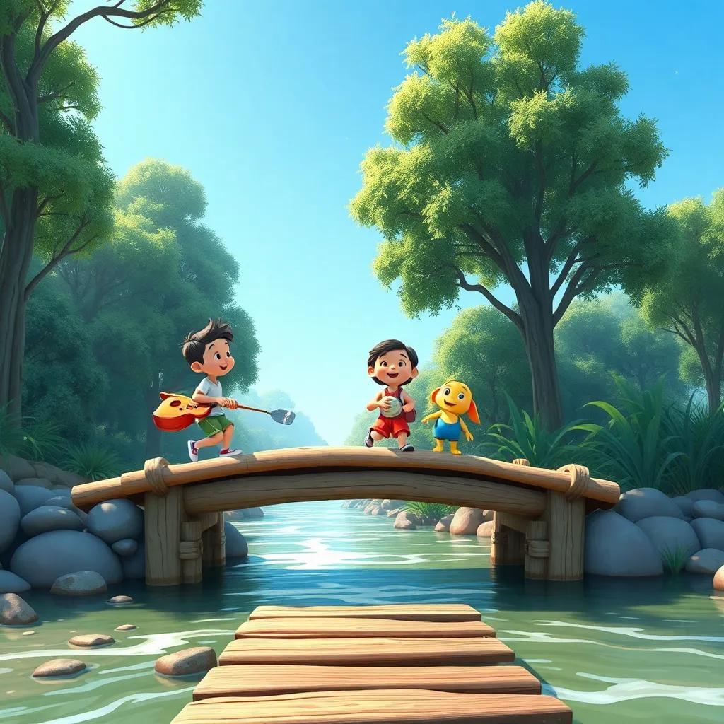 Los amigos cruzando un puente de madera sobre un río, sonriendo y con una mochila, árboles altos y un cielo azul brillante, estilo infantil, alegre, colorido
