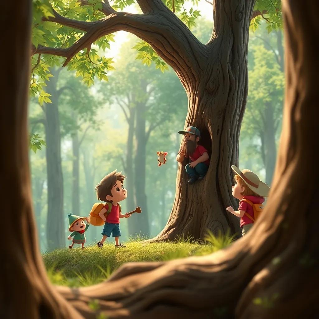 Cerca de un viejo roble, un grupo de amigos buscando un cofre pequeño apoyado en el tronco, curiosos y emocionados, bosque verde y brillante, ilustración, encantador, enfoque en la aventura