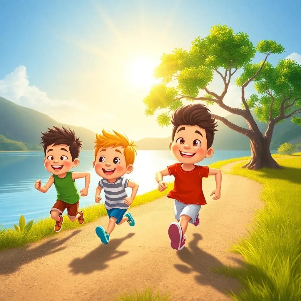 Los amigos corriendo hacia el lago, con sonrisas en sus rostros, árbol y lago al fondo, los rayos del sol brillando, ilustración vibrante, alegre, estilo infantil