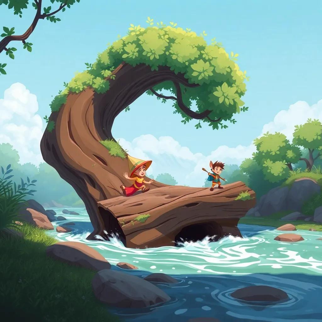 Un tronco caído sobre un arroyo, amigos ayudándose a cruzar con cuidado, ambiente de aventura y trabajo en equipo, ilustración, colorido, amigable