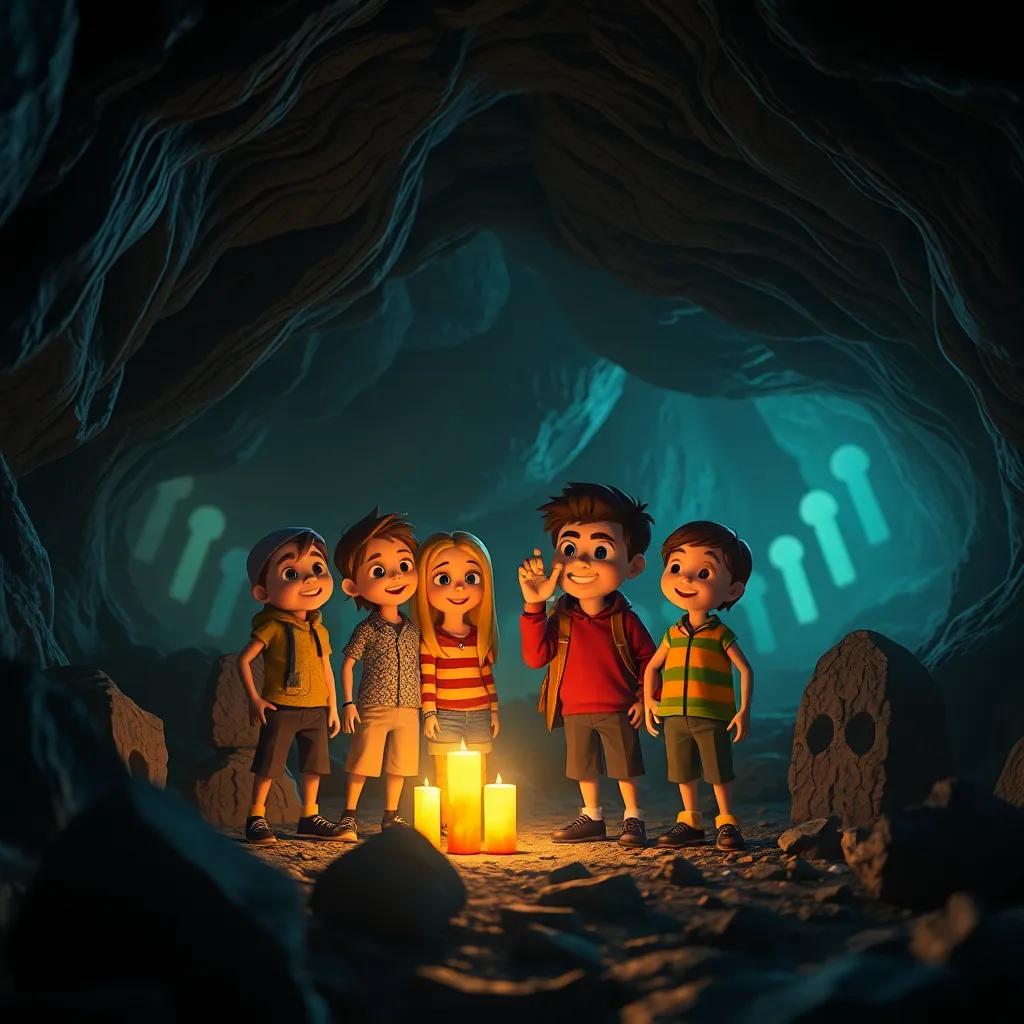Un grupo de amigos con una linterna en la oscuridad de una cueva, cara decidida, tesoros brillantes al fondo, ambiente de misterio, arte digital, cálido, intrigante