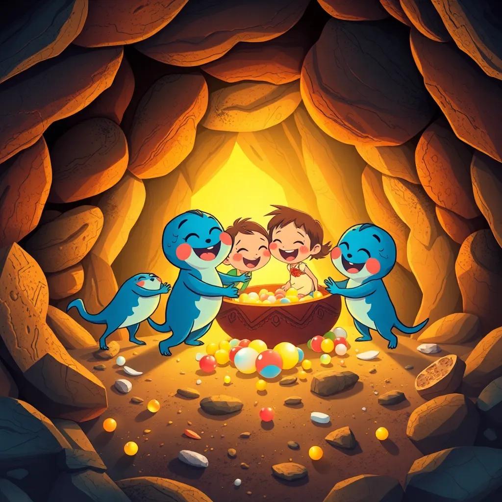 Los amigos felices alrededor de un gran cofre lleno de joyas en la cueva, abrazándose y saltando de alegría, ilustración, rica en detalles, vibrante y emocionante