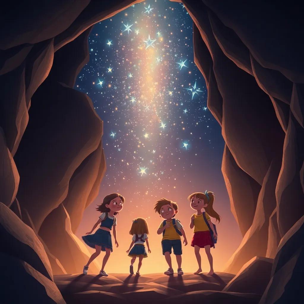Un cielo estrellado sobre el grupo al salir de la cueva, con sonrisas y miradas hacia arriba, retratando amistad, arte digital, cálido, encantador