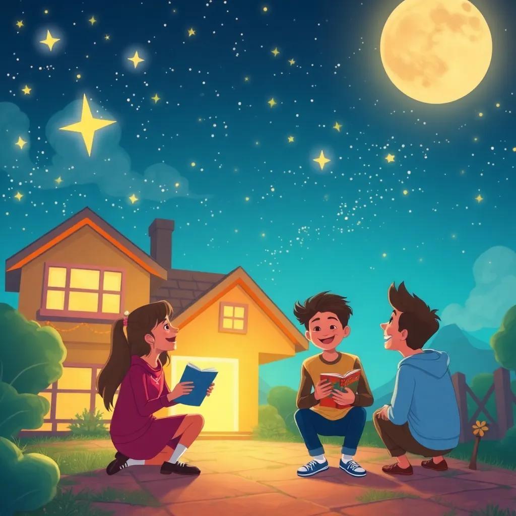 Un grupo de amigos regresando a casa bajo un cielo lleno de estrellas, contando historias entre ellos y riendo, ambiente encantador y festivo, ilustración, alegre, colorido