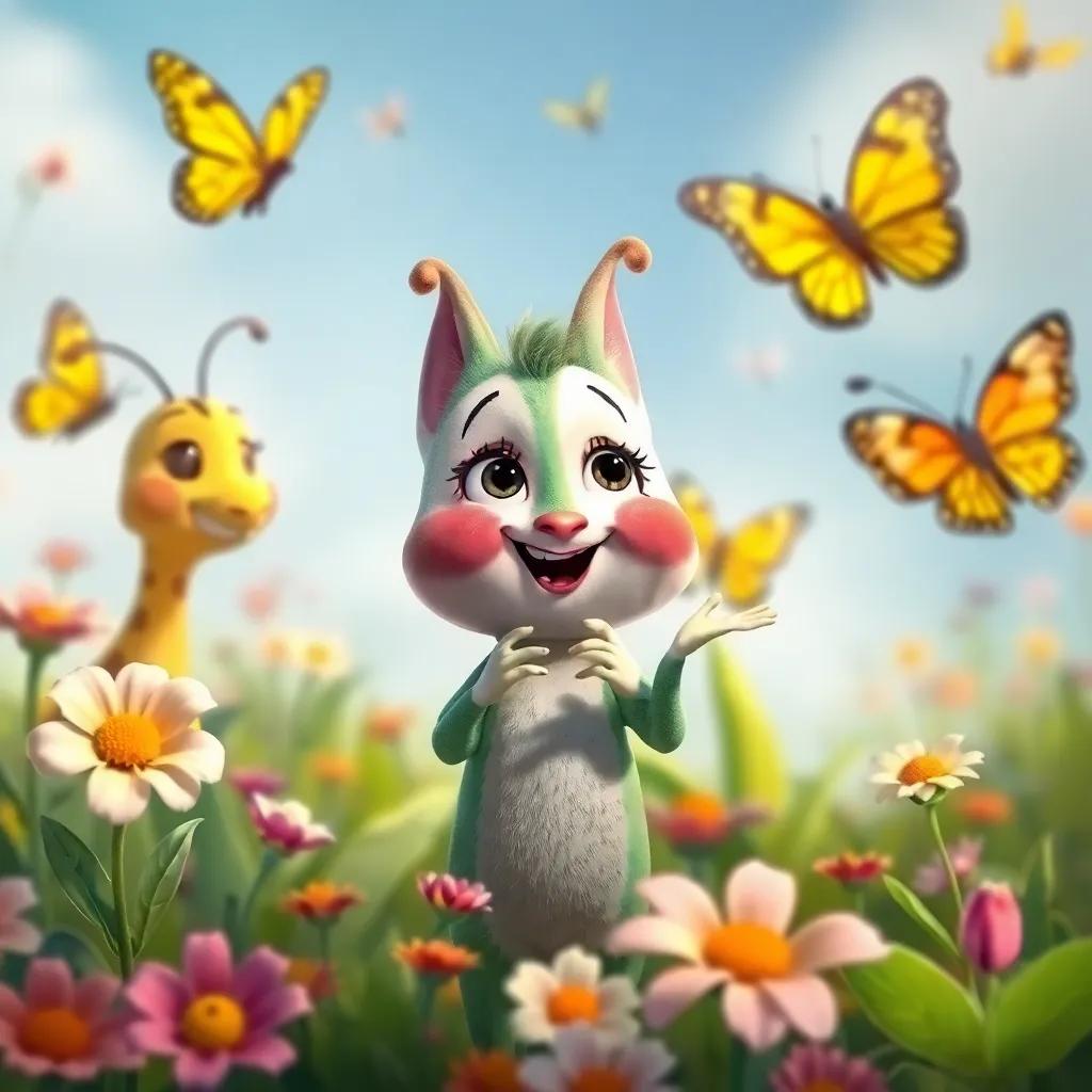 Binky, la liebre jefe, explicando las reglas con una sonrisa, rodeado de otras liebres emocionadas. Hay flores de colores y mariposas volando, estilo caricatura, lleno de vida.