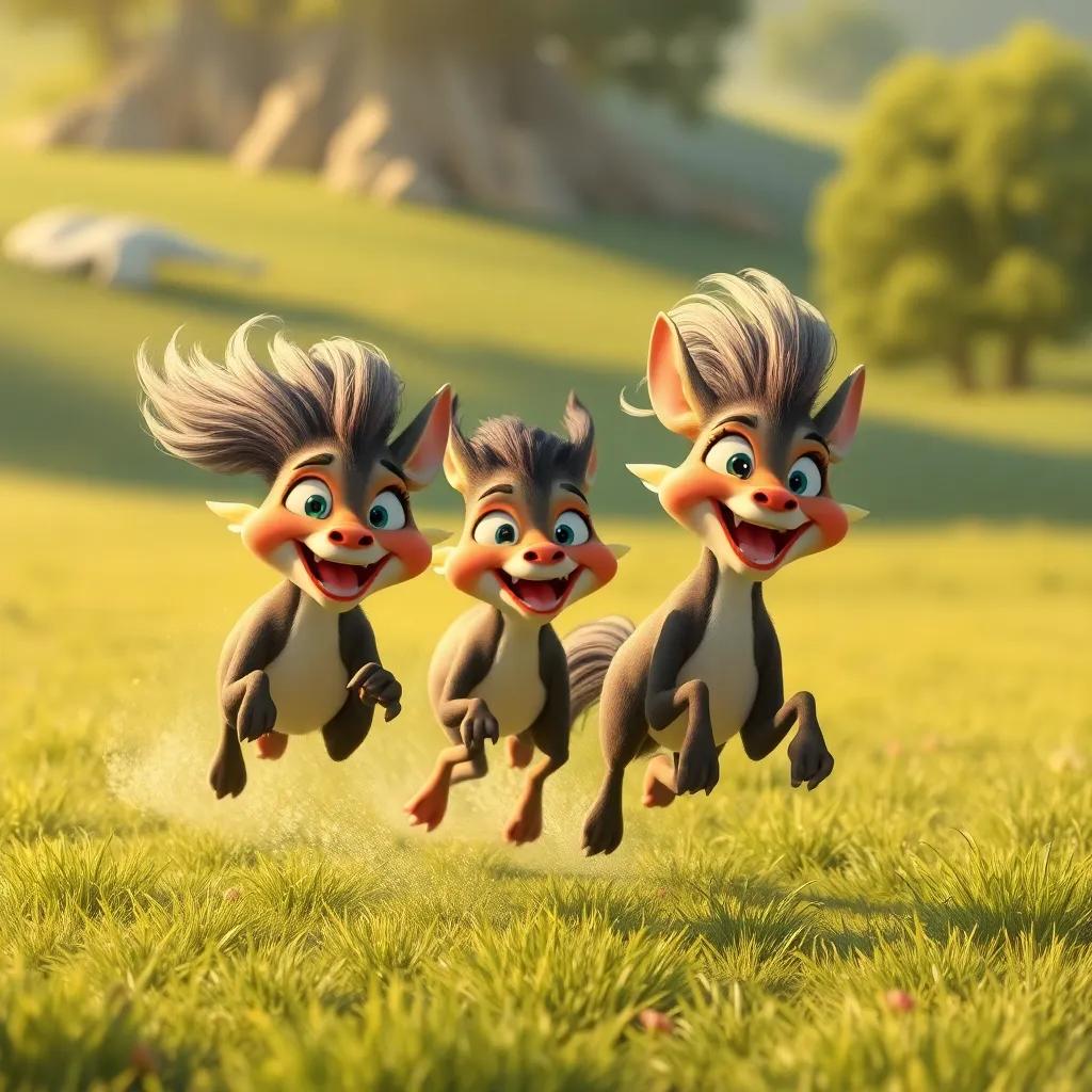 Las liebres corriendo rápidamente por el campo, con orejas largas y caras de alegría. El viento les sopla en sus rostros, ilustración, dinámica y llena de acción.