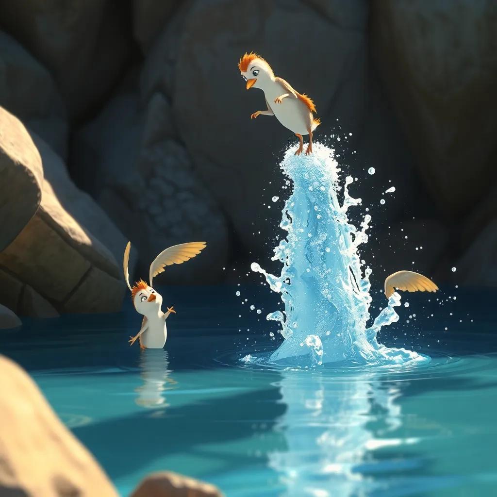Una liebre saltando alto sobre un charco, mientras otras se preparan para cruzar. El agua salpica por todas partes, capturando un momento emocionante, ilustración, divertida y sorprendente.