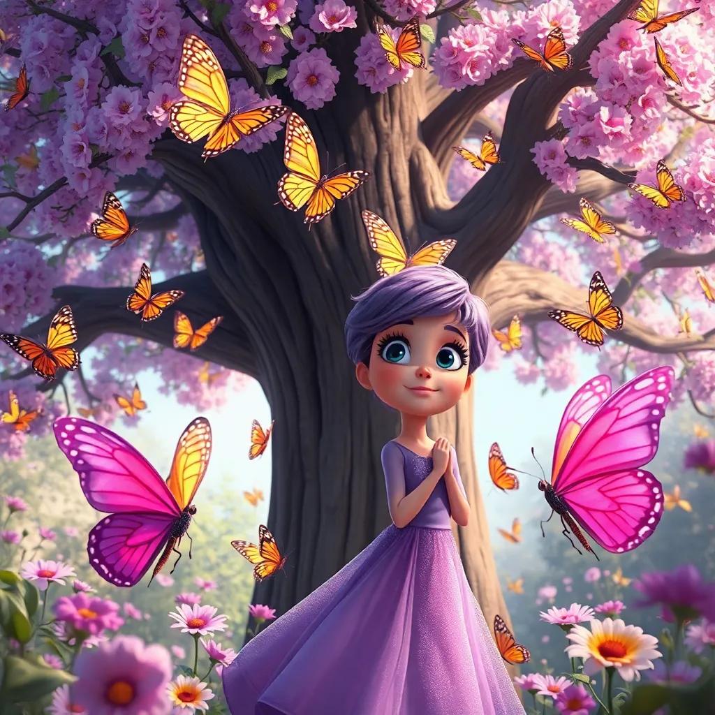 Lila, la liebre curiosa, rodeada de mariposas de colores mientras las otras liebres juegan a su alrededor. El árbol grande detrás de ellas, hermoso y mágico, pintura digital, vibrante y alegre.