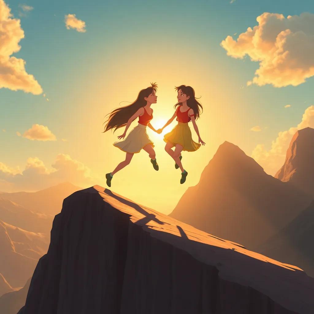 Las liebres subiendo una colina gigante, ayudándose mutuamente. Están riendo y saltando, el sol brilla detrás de ellas, ilustración, llena de energía y amistad.