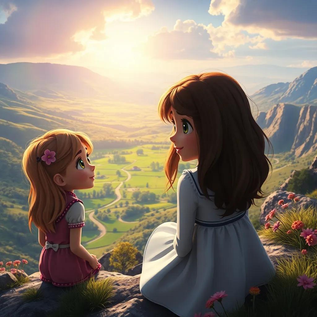 Desde la cima de la colina, las liebres mirando hacia el hermoso campo abajo. Sus caras muestran sorpresa y alegría, digital painting, paisaje impresionante y colorido.