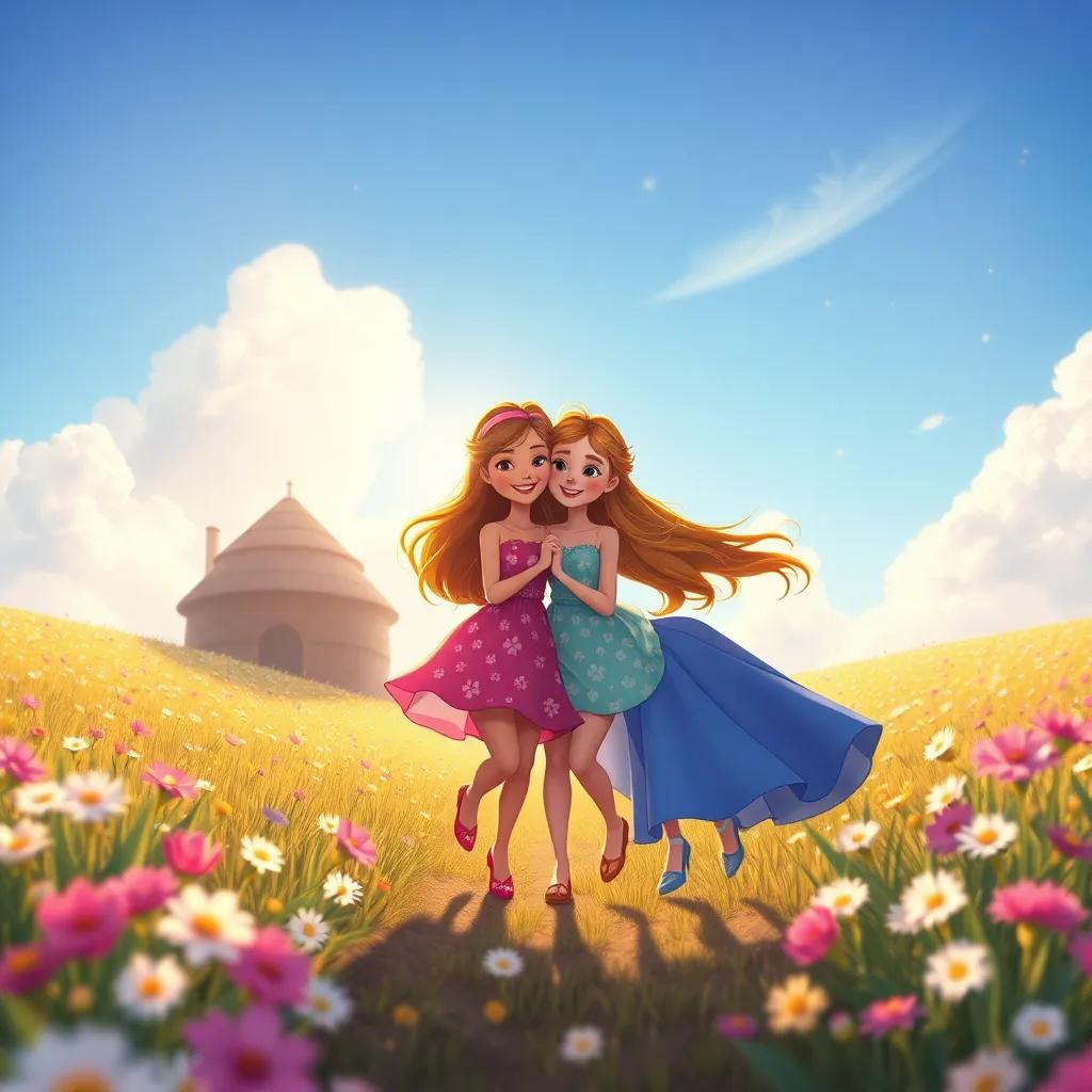 Las liebres cruzando la meta juntas, llenas de felicidad y abrazándose. Están en un campo con flores brillantes y un cielo claro, ilustración, celebración y alegría.