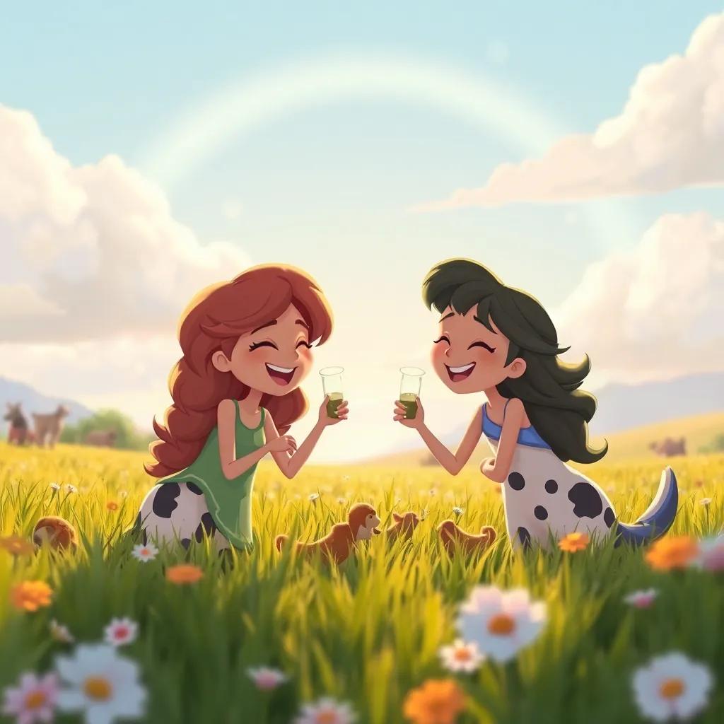 Las liebres riendo y jugando en el campo después de la carrera, disfrutando de la amistad. Hay un arcoíris en el cielo como símbolo de alegría, ilustración, cálido y acogedor.