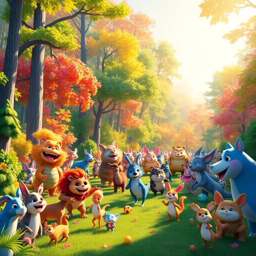 A lively forest clearing filled with various animals gathered for a race, colorful trees in the background, sunlight streaming through, cheerful atmosphere, bright colors
