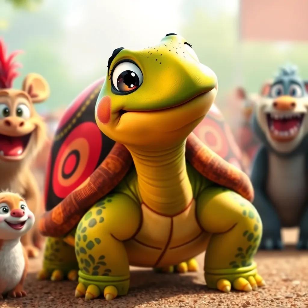 A wise tortoise, with a shell decorated in colorful patterns, smiling while preparing for the race, surrounded by laughing animals, friendly expressions, humorous scene