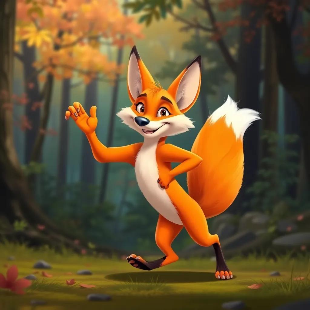 A quick fox, with bright orange fur and a clever grin, warming up and stretching, exuding confidence, a vibrant forest backdrop, inviting colors