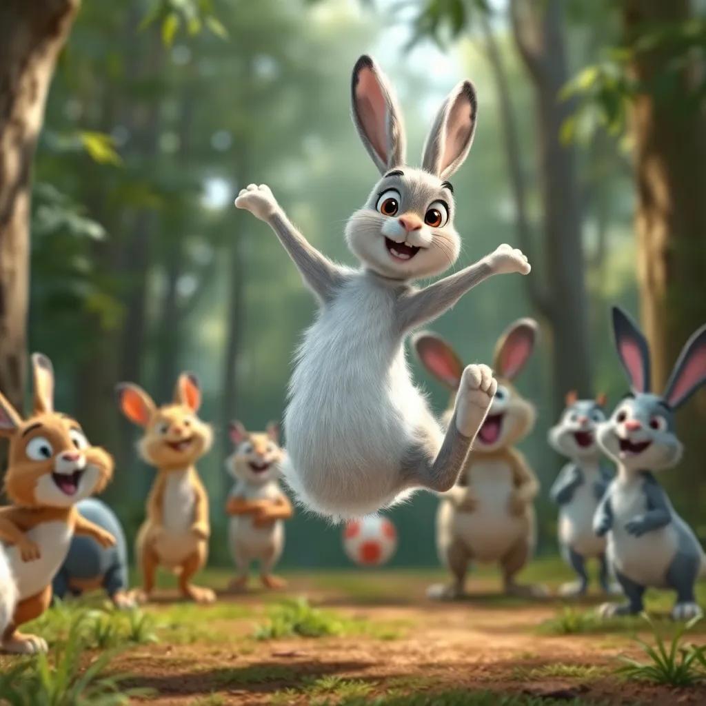 A lively hare, with fluffy white fur and curious eyes, leaping playfully, demonstrating agility, among amazed forest friends, bright and cheerful environment