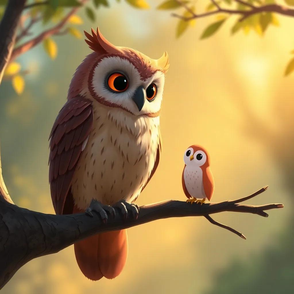 An intelligent owl perched on a branch, with wise eyes and feathery wings, looking down at the animals, encouraging them, warm golden sunlight filtering through, peaceful illustration