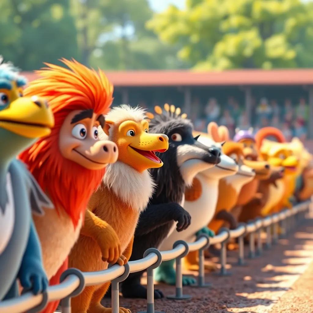 The animals lined up at the starting line, full of energy and excitement, a colorful display of fur and feathers, anticipation in the air, bright and vivid scene