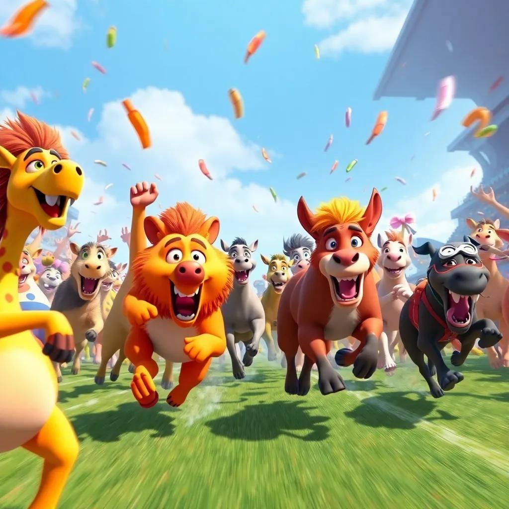 The moment the race starts, with animals rushing in all directions, excitement all around, with playful fighting in vibrant colors