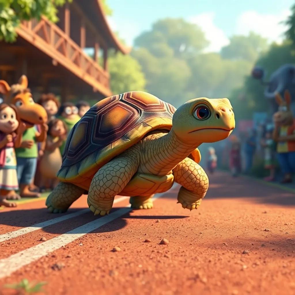 A tortoise (tortuga) determined and steady, moving slowly but confidently on the track, surrounded by cheering animals, beautifully illustrated scene, heartwarming