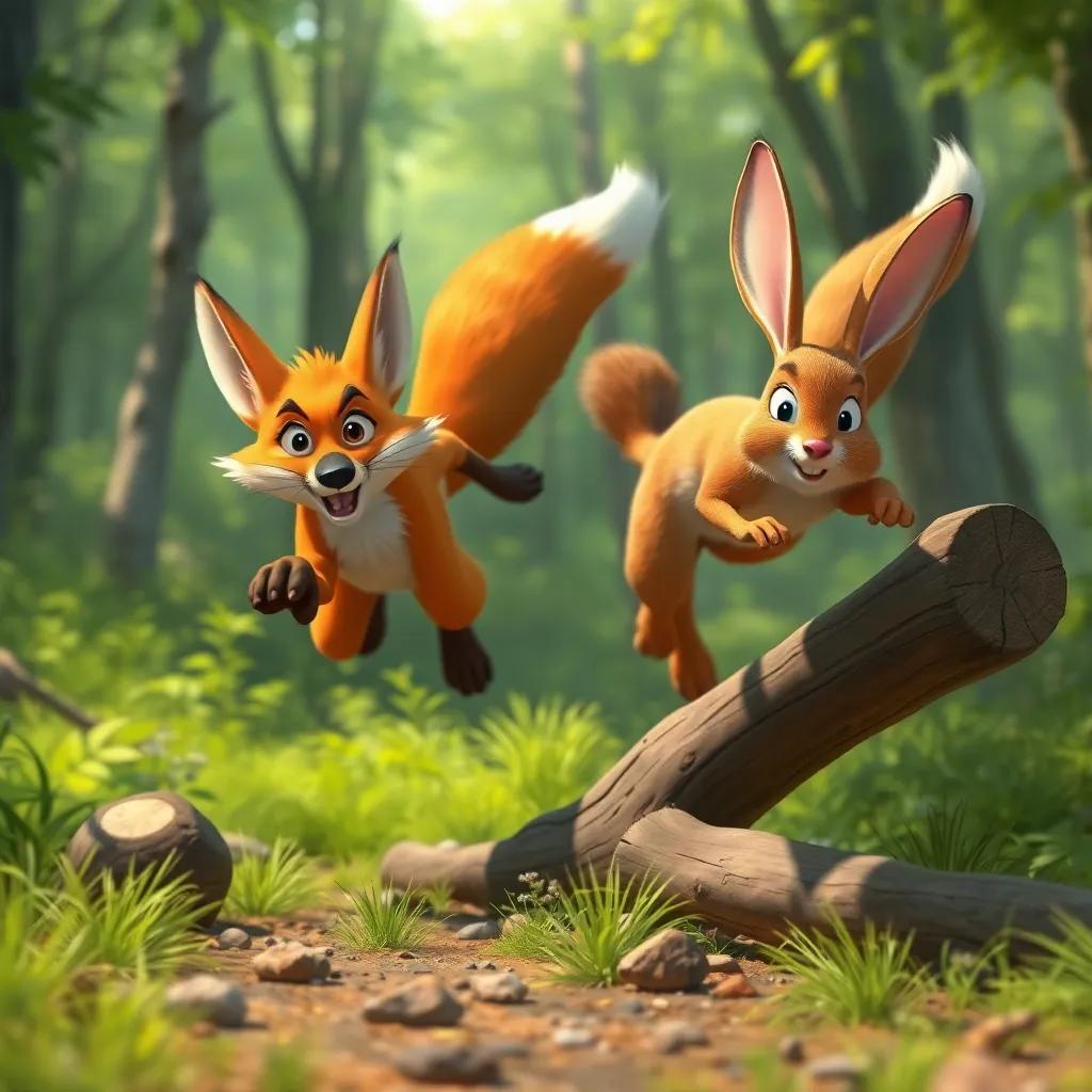 The fox and hare racing quickly, with determined expressions, leaping over logs and running through the vibrant greenery, thrilling action in the forest