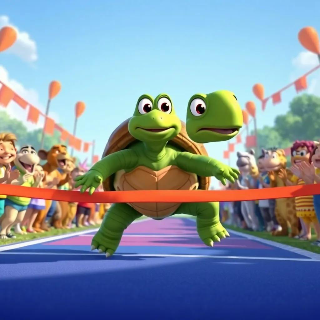 The tortoise crossing the finish line slowly but surely, all the animals cheering and clapping, a celebration of perseverance and teamwork, joyous colors and smiles