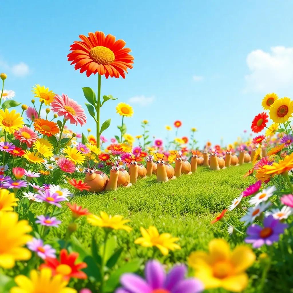 A vibrant garden full of colorful flowers, a group of cheerful snails preparing for a race, bright sunlight, blue sky, digital art, whimsical, cheerful atmosphere, high quality