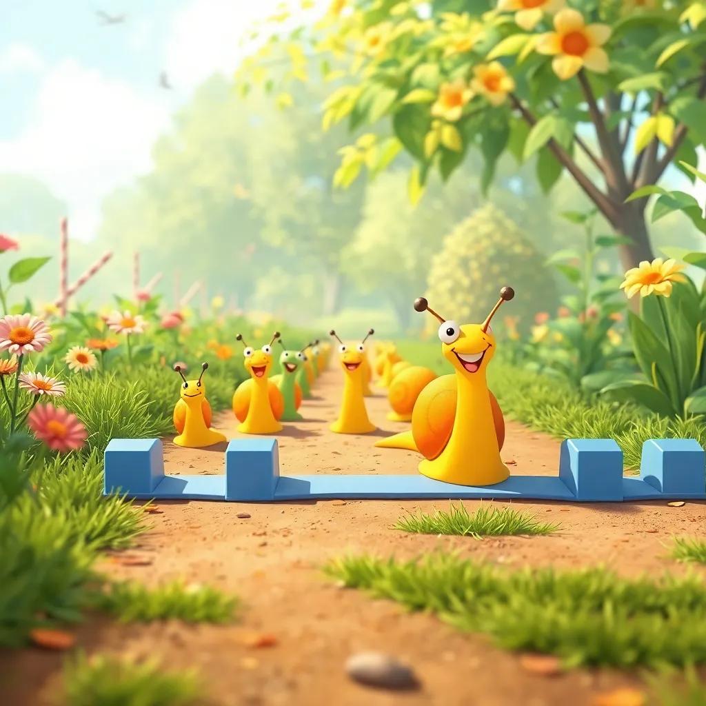 A starting line in the garden with snails of different colors, yellow, green, and orange, all excited and ready to race, illustration, fun and bright, joyful perspective, high quality