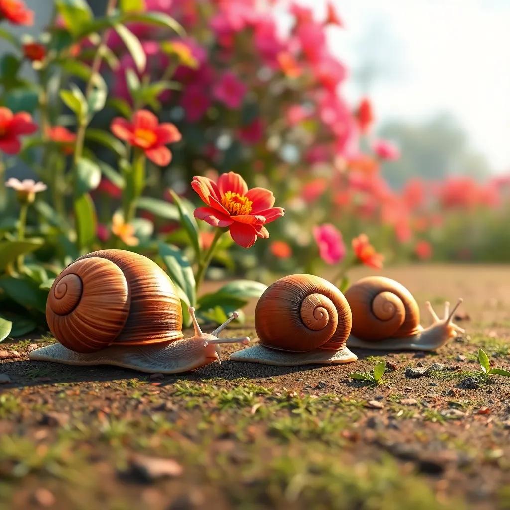 Snails slowly moving along, leaving a shiny trail behind them, with a beautiful red flower in the center, picturesque view of the garden, cheerful colors, engaging scene, high quality