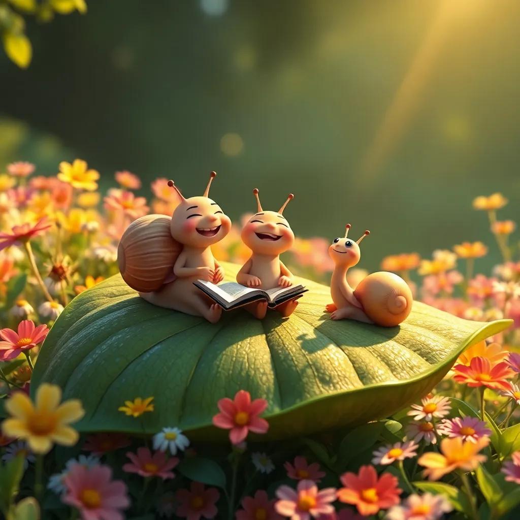 The snails sitting on a giant leaf, sharing stories and laughing together, surrounded by colorful flowers, warm sunlight illuminating everything, heartwarming moment, high quality