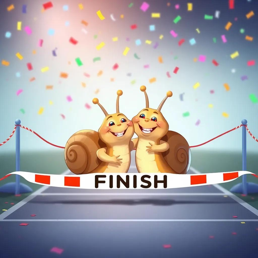 A finish line with happy snails hugging each other, celebrating together, with smiles on their faces, colorful confetti in the air, joyful and colorful scene, high quality