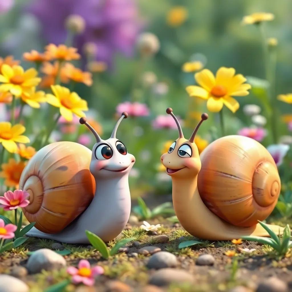 Two snails looking at beautiful flowers, talking about what they love, lively garden setting, vibrant colors, peaceful and friendly atmosphere, high quality