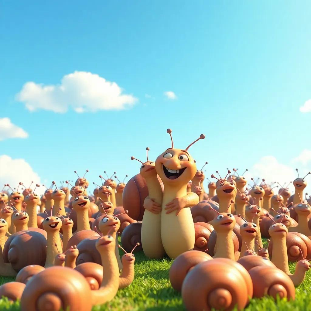 All snails gathered together, realizing they are winners, cheering and embracing under a bright blue sky, joyful scenery, community spirit, high quality