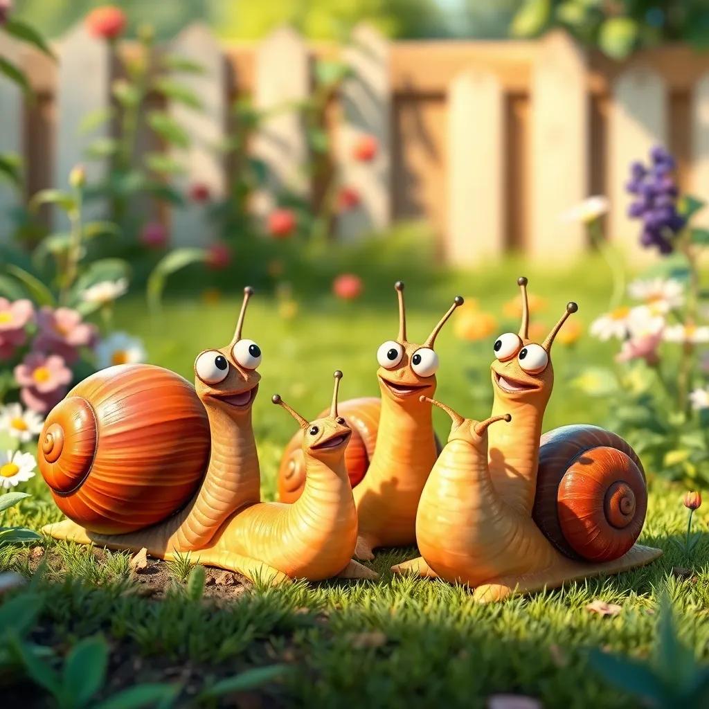 The snails planning their next race, excitedly discussing their memories of the day before, sitting together in the garden, bright and inviting colors, sense of togetherness, high quality