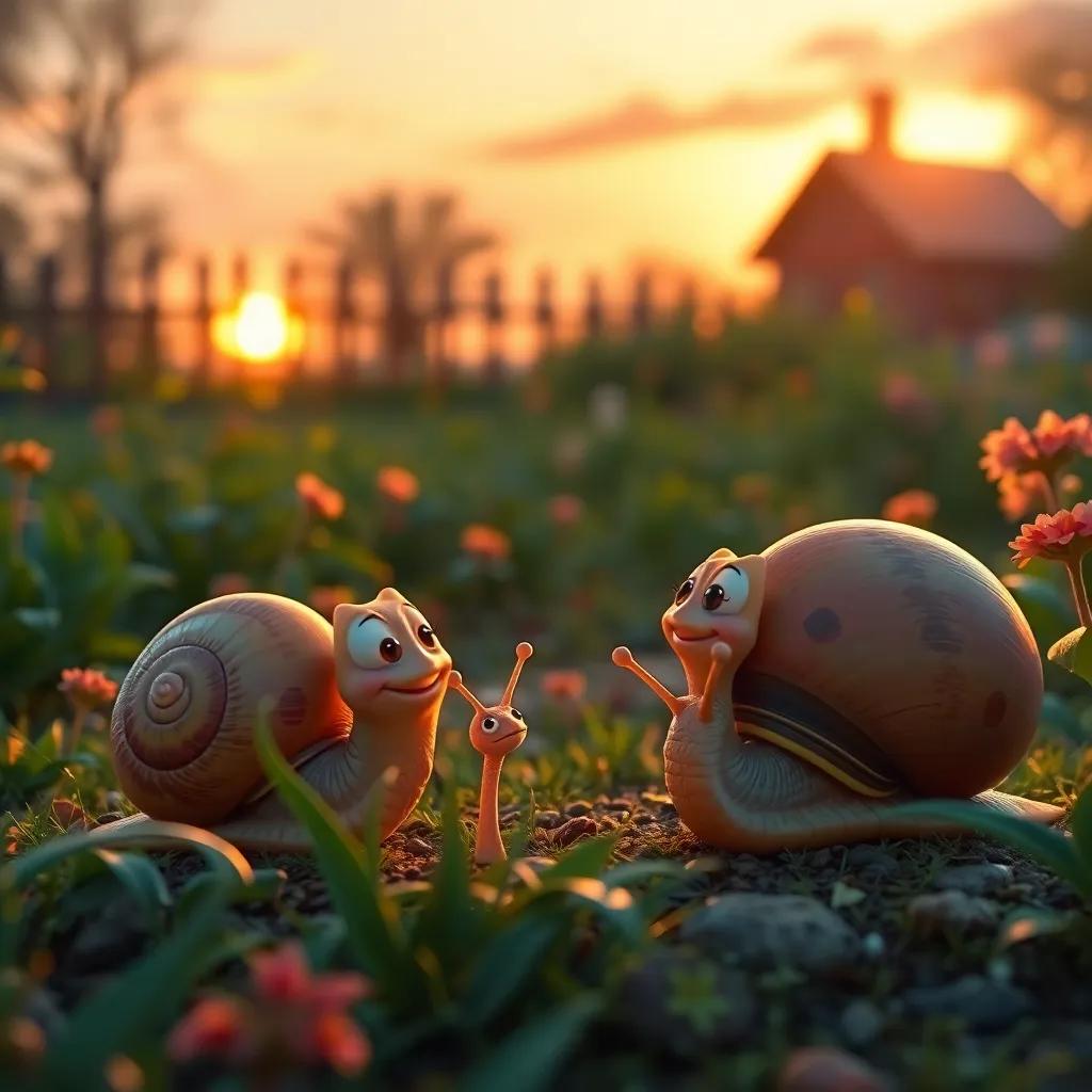 A beautiful sunset in the garden with snails talking together, reminiscing about their day, feeling happy, warm and golden light, tranquil atmosphere, high quality