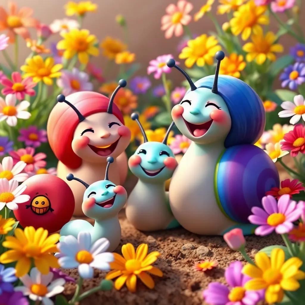A playful scene of the snails celebrating in the garden, surrounded by colorful flowers, smiles and laughter everywhere, joyful and vibrant colors, sense of happiness, high quality