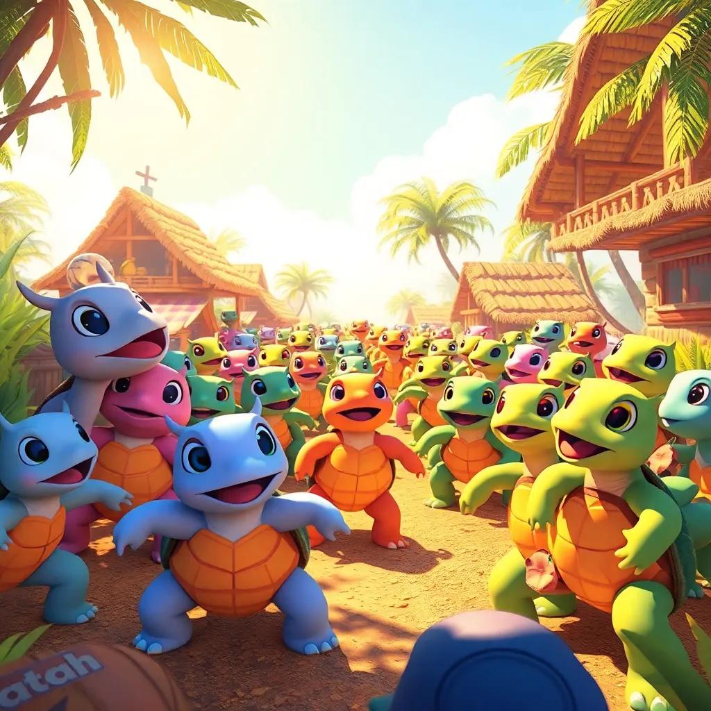 A sunny turtle village, with turtles of different colors gathering excitedly for a race, joy and anticipation in the air, digital art, vibrant colors, cheerful atmosphere, high quality