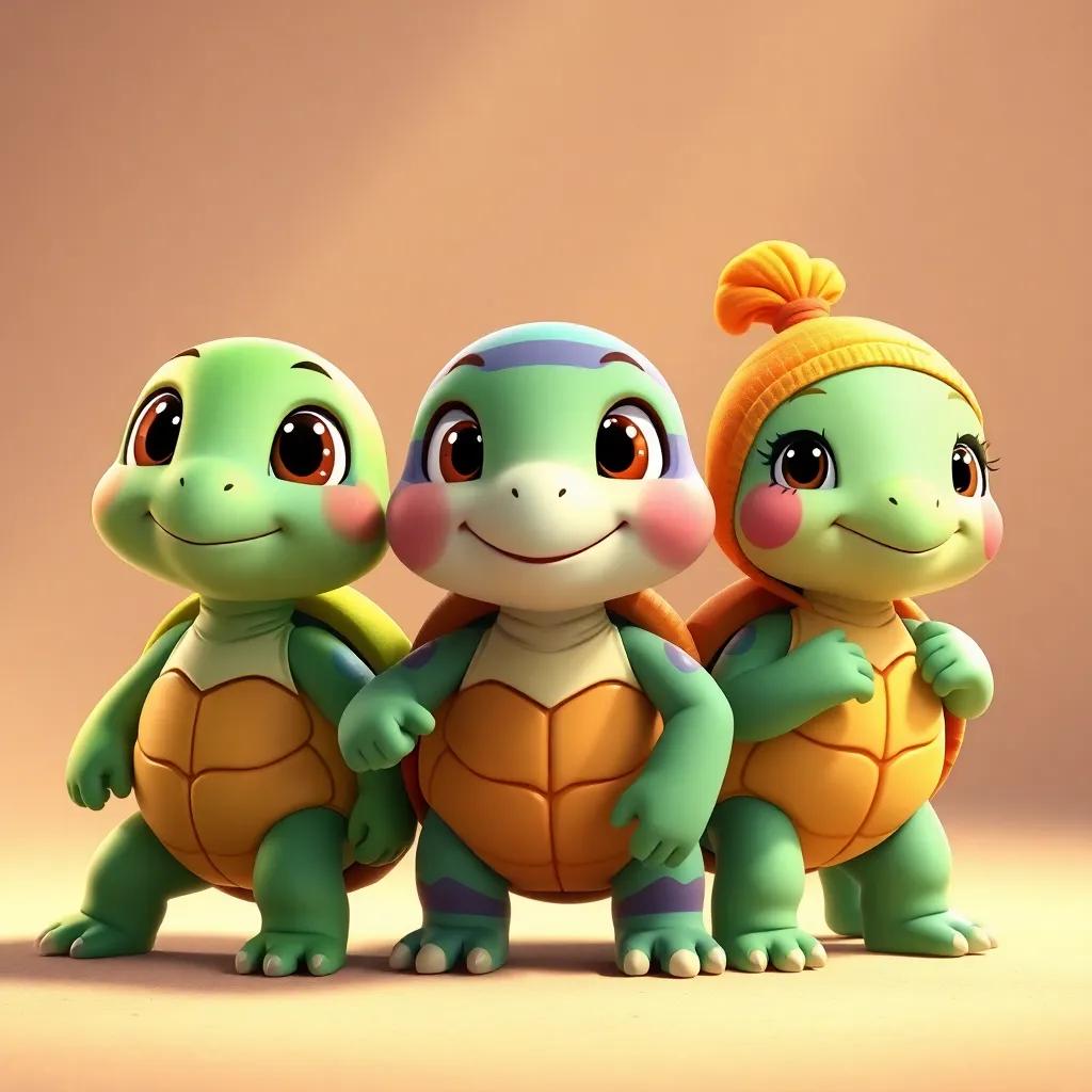 Three young turtles: Tula with a green shell and playful eyes, Lona with colorful stripes and a big smile, and Pipa with a bright orange shell and gentle expression, standing together with determination, illustration, friendly, warm light, inspiring mood