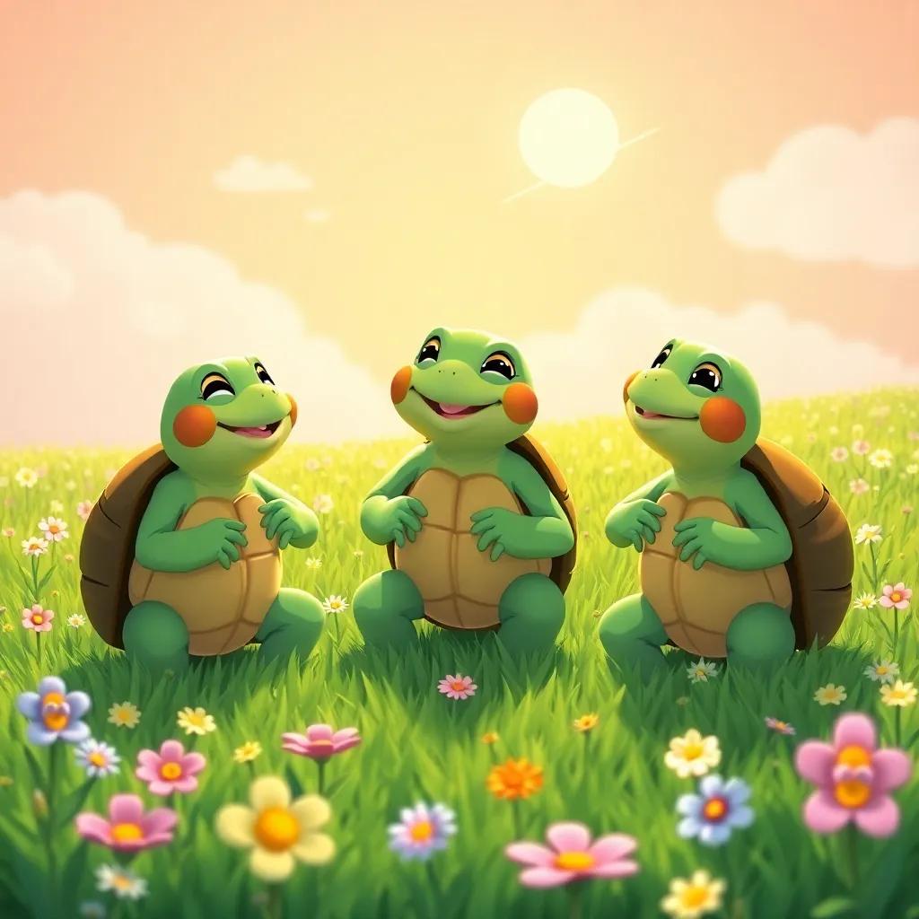 The three turtles practicing together in the green field, laughing, and encouraging each other, the sun shining, flowers blooming all around, cheerful colors, uplifting, whimsical