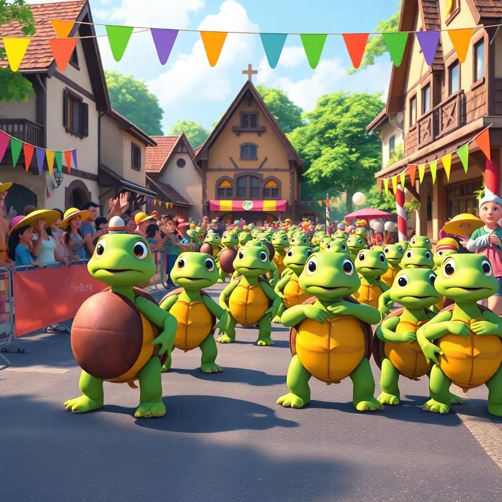 The race day at the village square, excited turtles line up at the starting line, the crowd of turtle friends cheering, colorful banners, bright and lively, vibrant scene