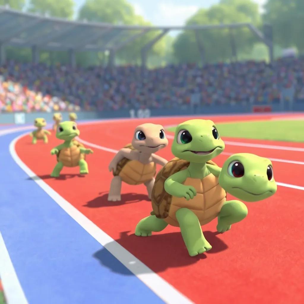 Tula, Lona, and Pipa slowly but steadily advancing on the race track, while faster turtles trip and fall behind, a heartwarming scene of determination, pastel art, lighthearted, encouraging atmosphere