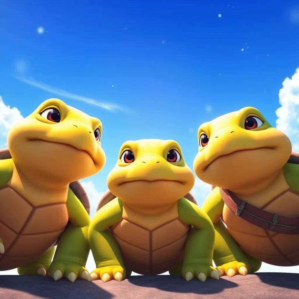 A close-up of our three turtle friends, looking determined and motivated, surrounded by encouraging friends, a sparkling blue sky, with a gentle breeze, uplifting, vivid, inspiring