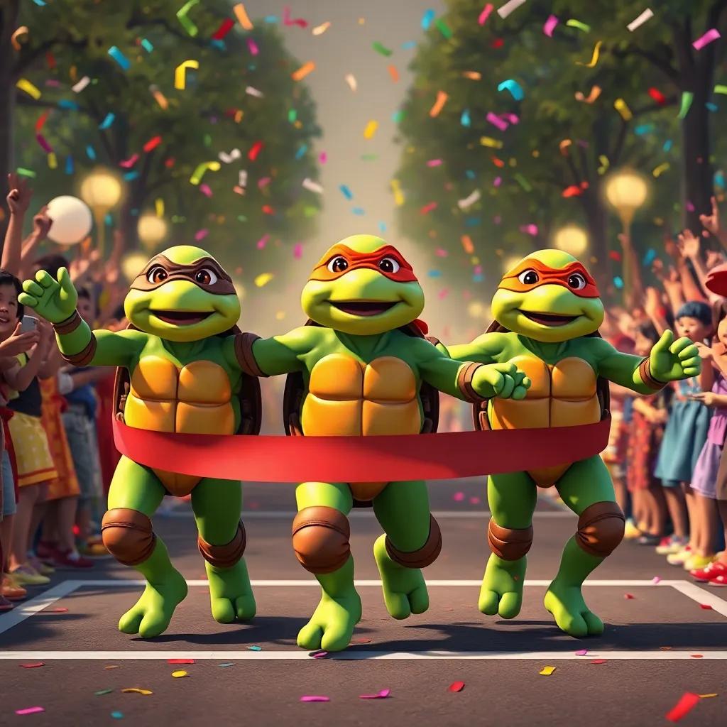 The moment the three turtles reach the finish line together, a crowd of excited turtle friends celebrating, colorful confetti in the air, happiness and unity in the scene, joyful and welcoming