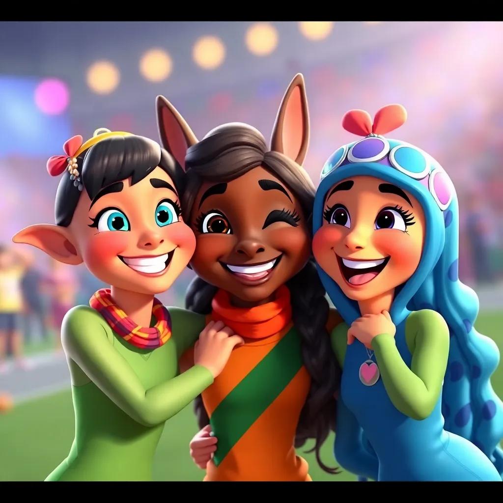 Tula, Lona, and Pipa celebrating their friendship and victory with smiles, having fun after the race, heartwarming, bright colors, radiant joy, cheerful gathering