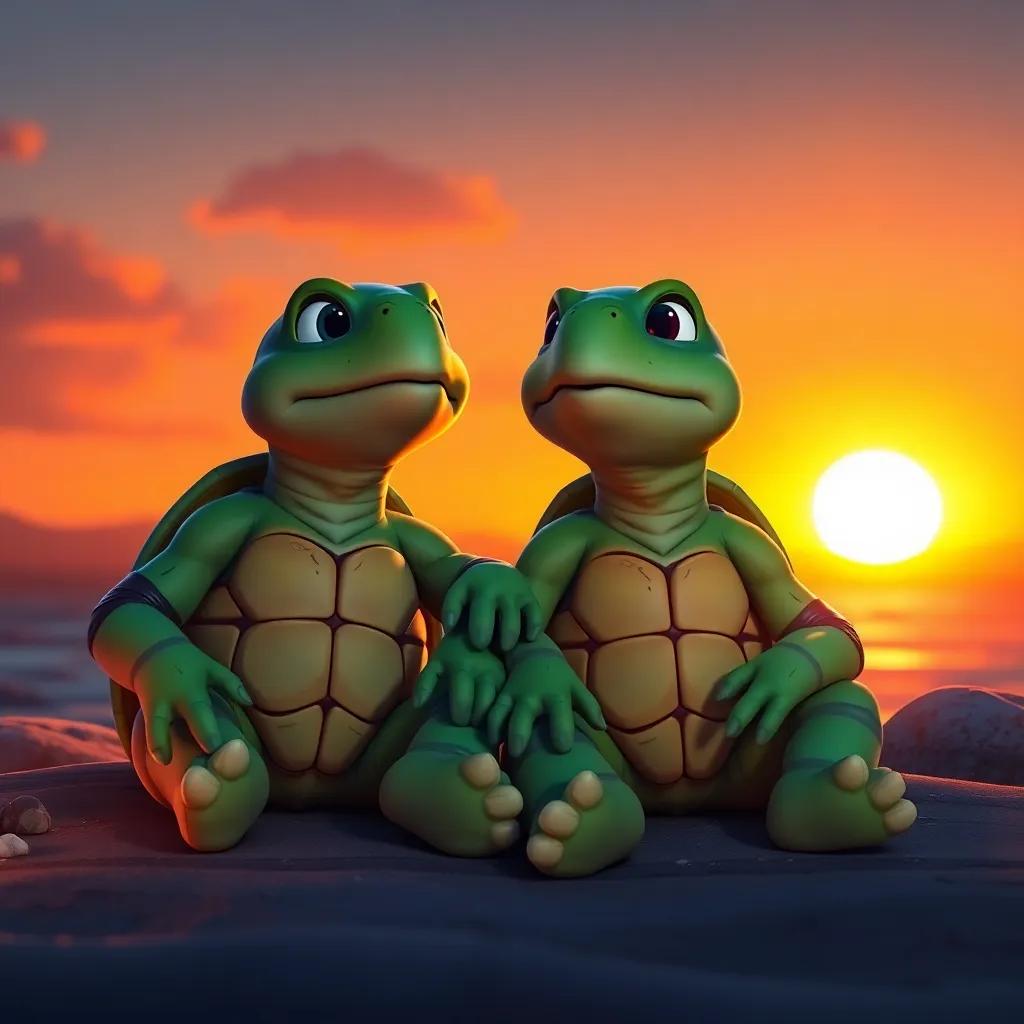 The young turtles reminiscing about their adventure, sitting together with a sunset in the background, a warm glow creating a sense of peace and success, serene and calm atmosphere